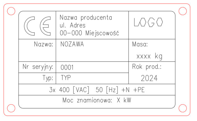 wzór tabliczki znamionowej wraz z oznaczeniem CE